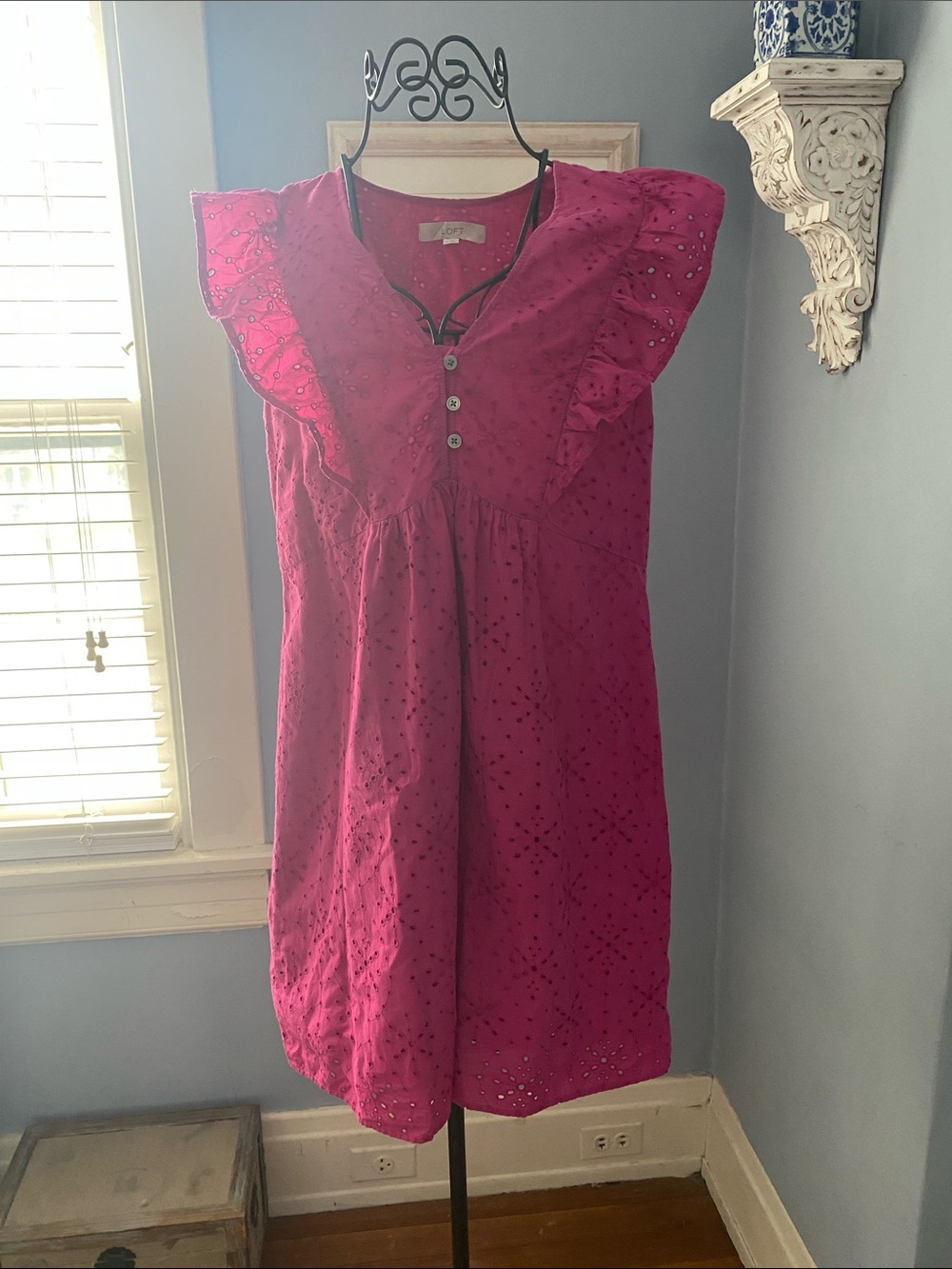 LOFT Fuchsia Eyelet Ruffle Mini Dress